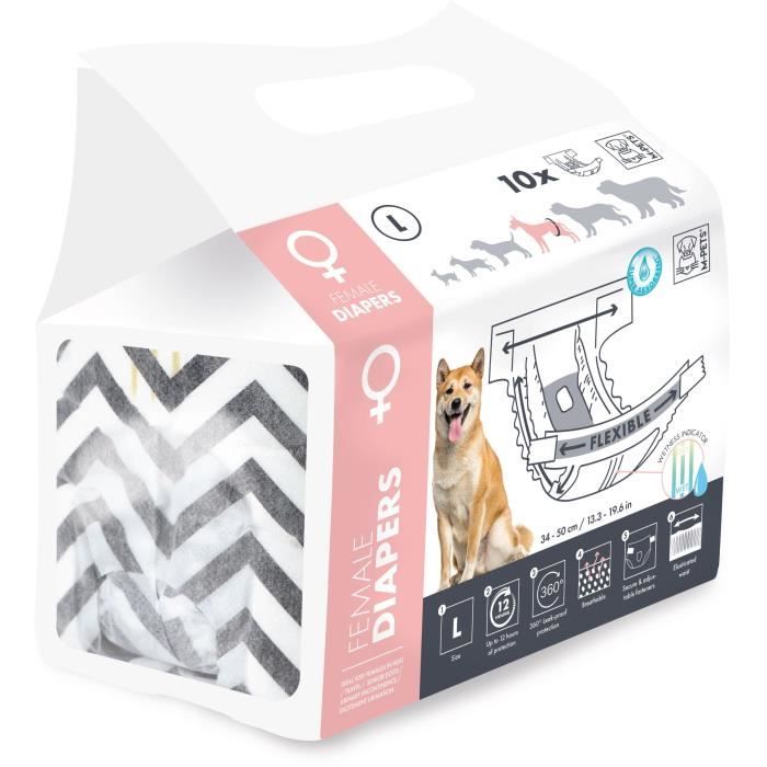 M PETS Dog Diapers - Female Diapers L x10 - Waist Size 32-52 cm - 8-15 kg - Wetness Indicator - 12h Protection