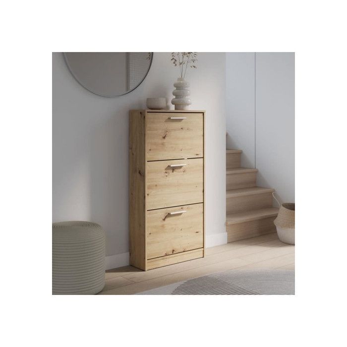 MAC Shoe Cabinet - Oak Finish - 6 Pairs - 3 Drop-Down Doors - W58.2 x D20.4 x H115.5 cm