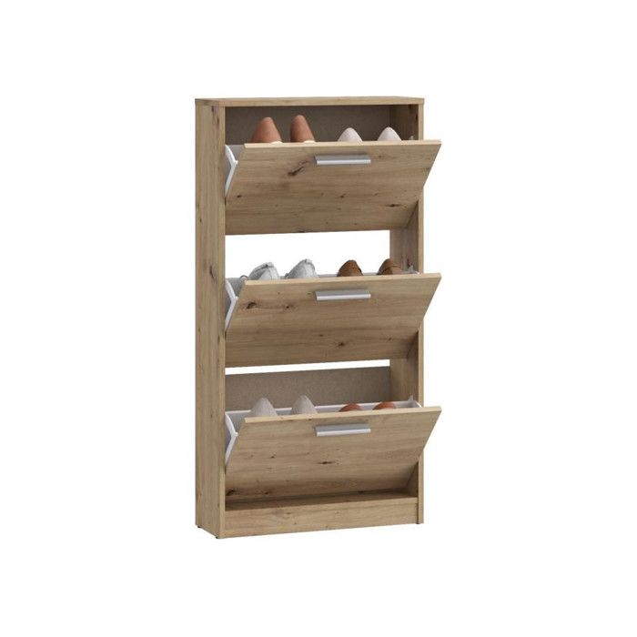 MAC Shoe Cabinet - Oak Finish - 6 Pairs - 3 Drop-Down Doors - W58.2 x D20.4 x H115.5 cm