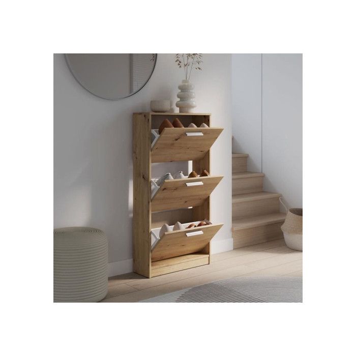 MAC Shoe Cabinet - Oak Finish - 6 Pairs - 3 Drop-Down Doors - W58.2 x D20.4 x H115.5 cm