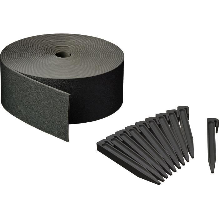 Garden edging - NATURE - Black - Recycled PE, thickness 3 mm - H7.5 cm x 10m - 10 black anchors - H19.5 x 1.9 x 1.8cm