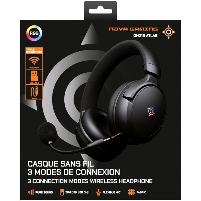 Casque gamer sans fil - NOVA GAMING - Atlas - Micro amovible - LED RGB - Noir