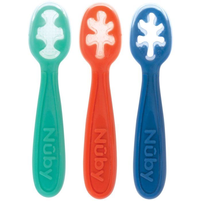 NUBY Set of 3 First Baby Spoons - Silicone - From 6 Months - Blue/ Red/ Green