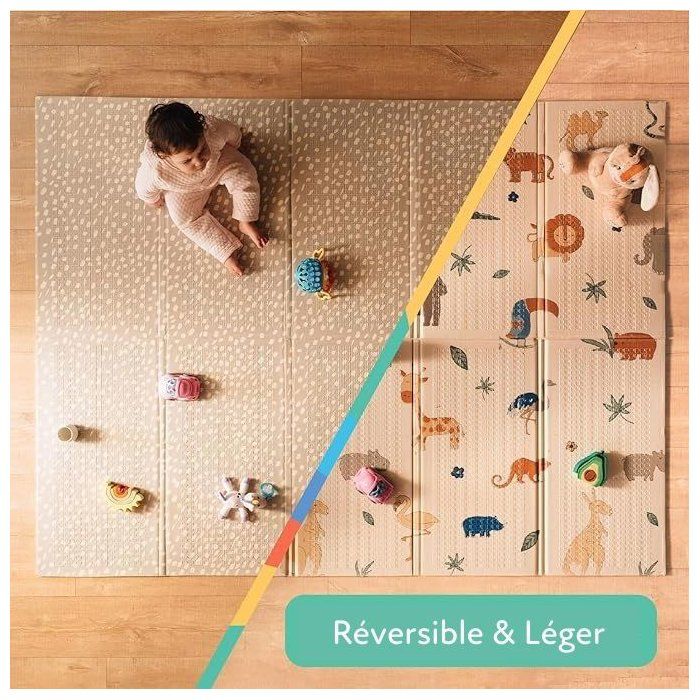 NUBY Reversible Play Mat - 200 x 150 x 1 cm - Lightweight & Foldable - Safari - From Birth