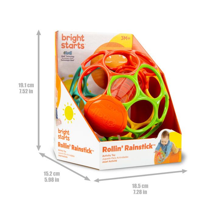 BRIGHT STARTS OBALL Baby Rattle - Rollin' Rainstick with Multicolored Beads (3 M+)