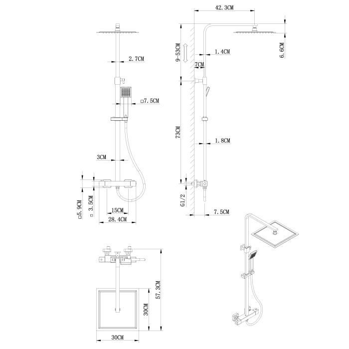 OCEANIC Shower Column - Thermostatic Mixer with Cool-Touch Body - Matte Black