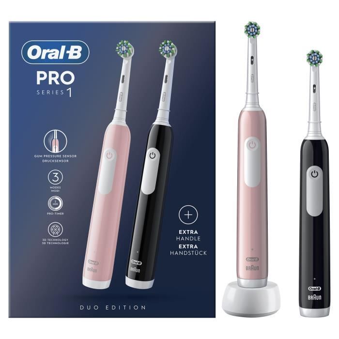 Oral-B Pro Series 1 Electric Toothbrush Duo Pink and Black, 3D Cleaning, 2 Brush Heads, 1 Charger