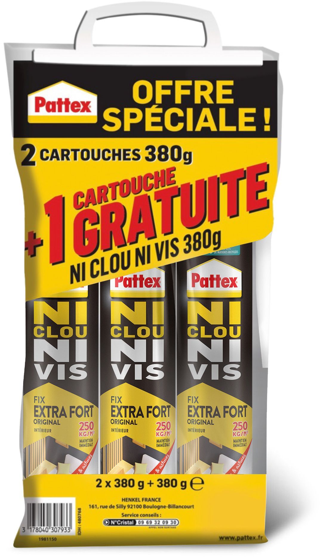 PATTEX No More Nails Adhesive - 2x380g + 1 Free