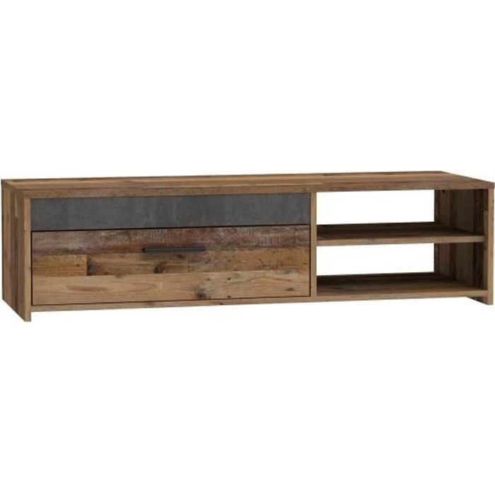 PACO TV Unit with 1 Drawer and 2 Niches - Old Wood and Dark Gray Concrete - L 120 x D 42.1 x H