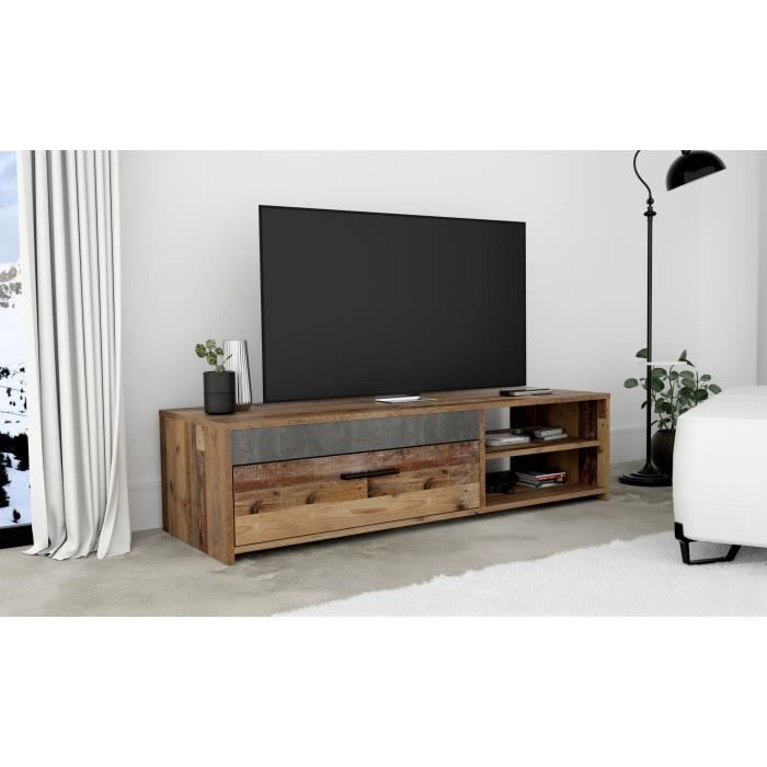 PACO TV Unit with 1 Drawer and 2 Niches - Old Wood and Dark Gray Concrete - L 120 x D 42.1 x H