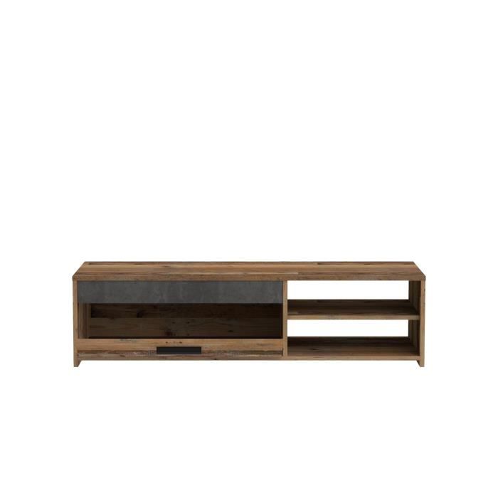 PACO TV Unit with 1 Drawer and 2 Niches - Old Wood and Dark Gray Concrete - L 120 x D 42.1 x H