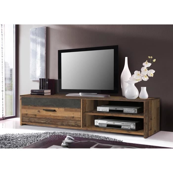 PACO TV Unit with 1 Drawer and 2 Niches - Old Wood and Dark Gray Concrete - L 120 x D 42.1 x H
