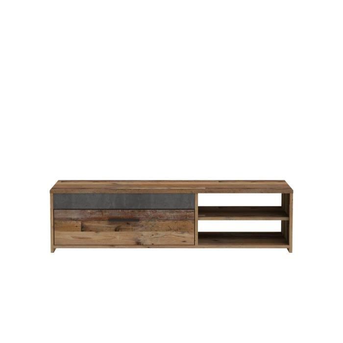 PACO TV Unit with 1 Drawer and 2 Niches - Old Wood and Dark Gray Concrete - L 120 x D 42.1 x H