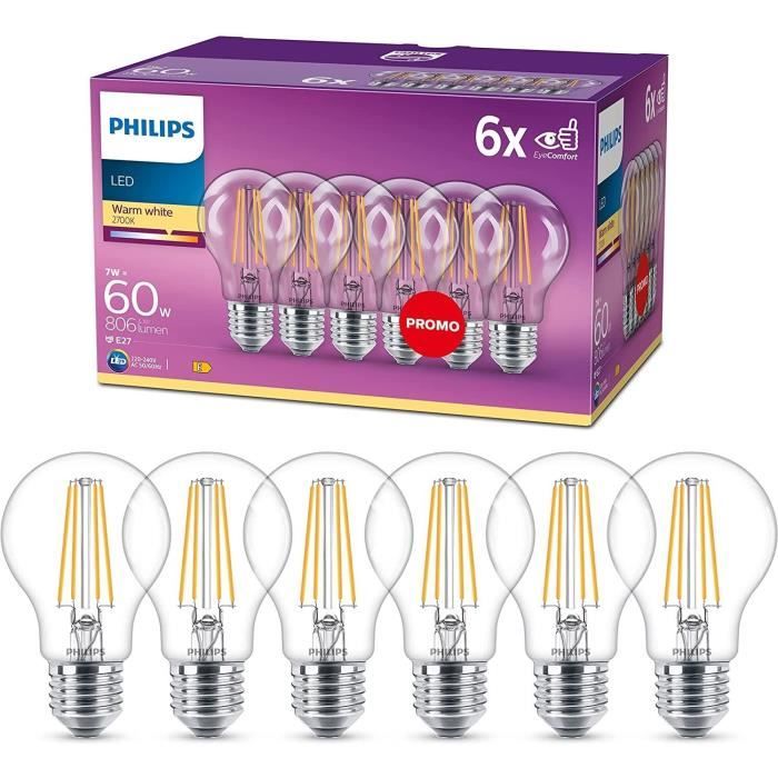 Philips Pack of 6 E27 LED Clear 60W Bulbs - Warm White