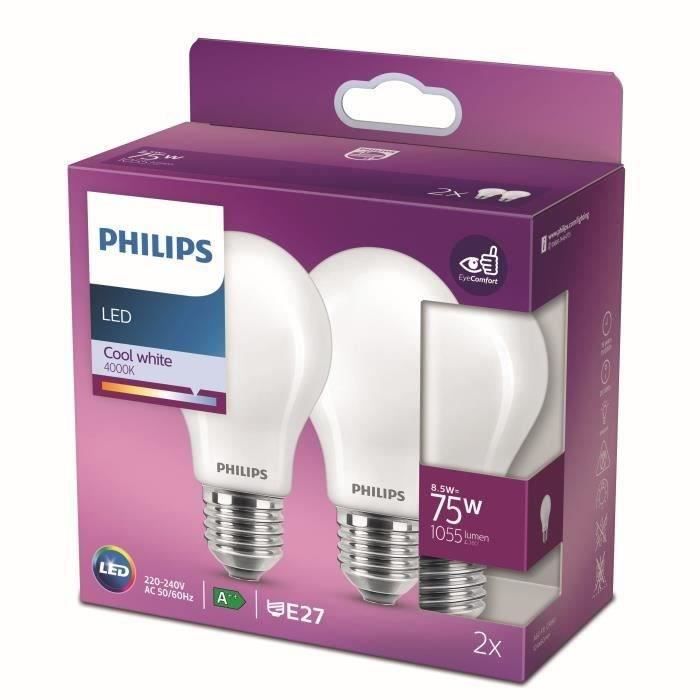 Philips LED Bulb - E27 - 75W Equivalent - Cool White - Non-Dimmable - Pack of 2
