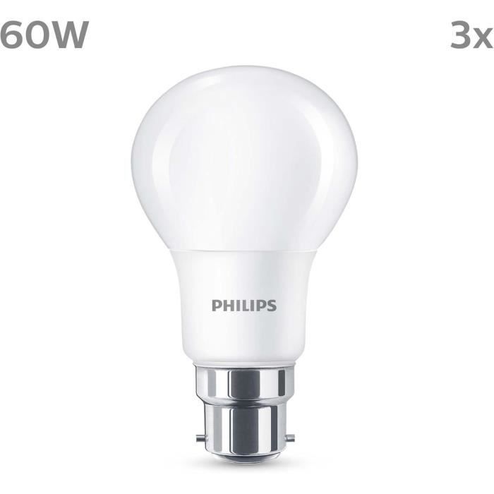 PHILIPS LED Bulb - 60W - B22 - Warm White - Frosted - Non-Dimmable - Pack of 3