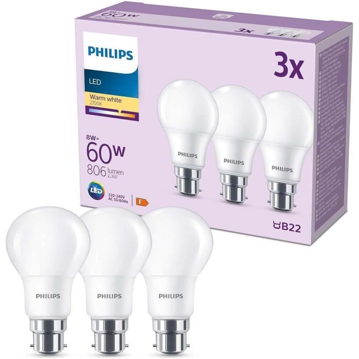 PHILIPS LED Bulb - 60W - B22 - Warm White - Frosted - Non-Dimmable - Pack of 3