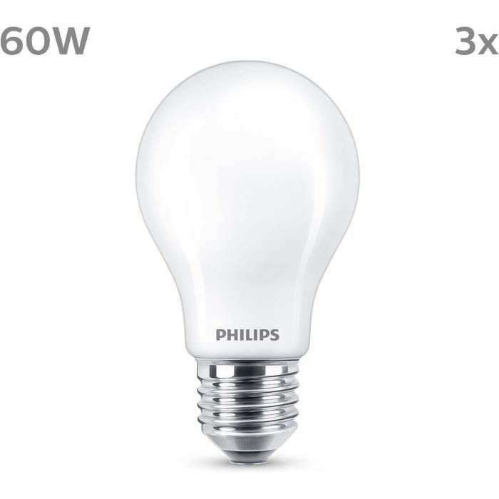 LED Bulb - PHILIPS - Classic - 60W - A60 E27 - Warm White - Non-Dimmable - Pack of 3