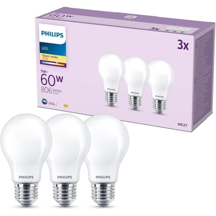 LED Bulb - PHILIPS - Classic - 60W - A60 E27 - Warm White - Non-Dimmable - Pack of 3