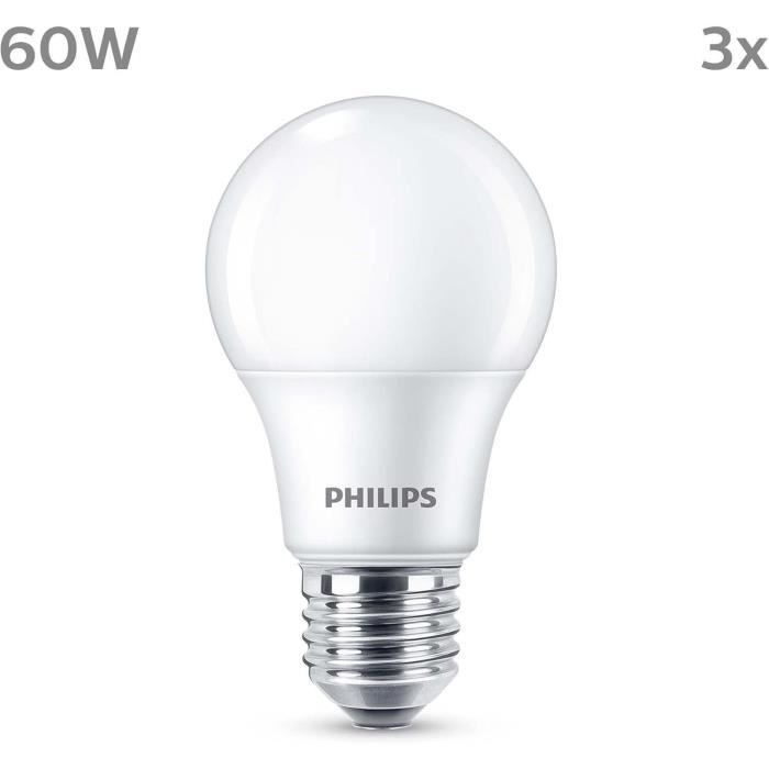 LED Bulb - PHILIPS - 60W - E27 - Warm White - Frosted - Non-Dimmable - Pack of 3