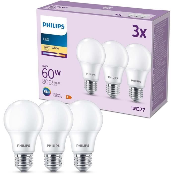LED Bulb - PHILIPS - 60W - E27 - Warm White - Frosted - Non-Dimmable - Pack of 3
