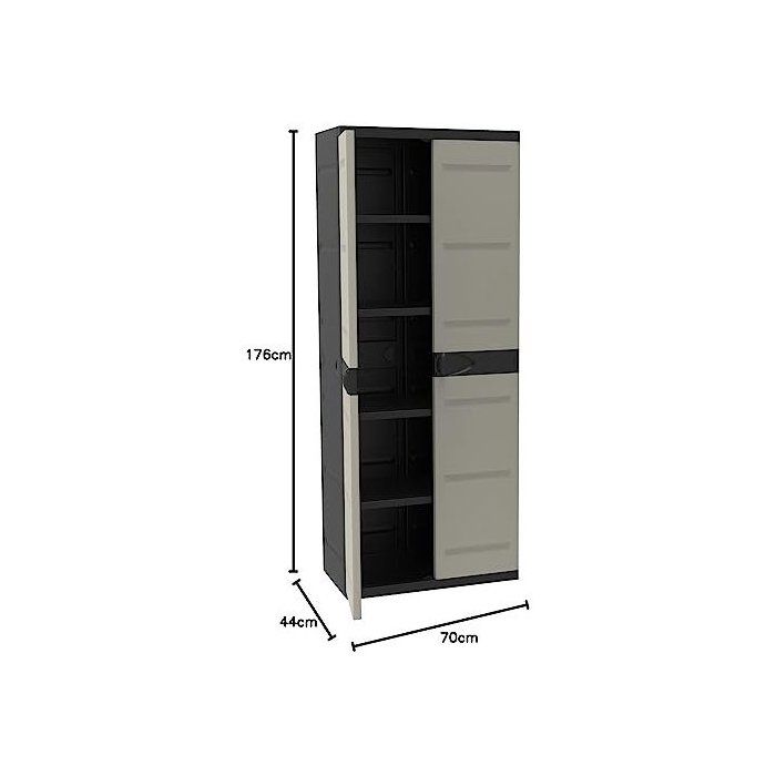 PLASTIKEN Titanium Tall Cabinet - 2 Doors, 4 Shelves - 70 x 44 x 176 cm - Beige and Black
