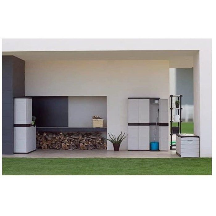 PLASTIKEN Titanium Tall Cabinet - 2 Doors, 4 Shelves - 70 x 44 x 176 cm - Beige and Black