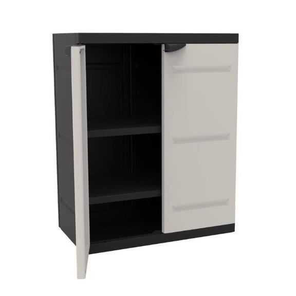 TITANIUM PLASTIKEN Low Cabinet - 2 Doors, Shelves - Beige and Black - Indoor/Outdoor 2-Door