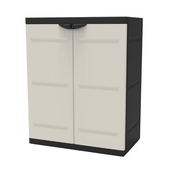 TITANIUM PLASTIKEN Low Cabinet - 2 Doors, Shelves - Beige and Black - Indoor/Outdoor 2-Door
