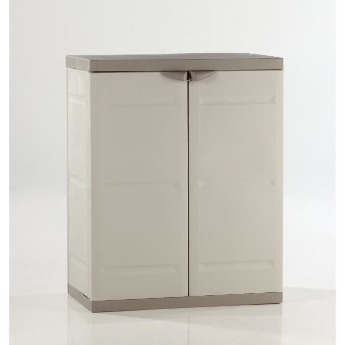 TITANIUM PLASTIKEN Low Cabinet with 2 Doors and Shelves - W70 x D44 x H88 cm - Beige and Taupe