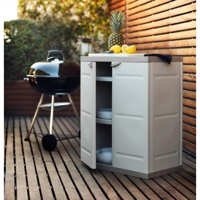 TITANIUM PLASTIKEN Low Cabinet with 2 Doors and Shelves - W70 x D44 x H88 cm - Beige and Taupe
