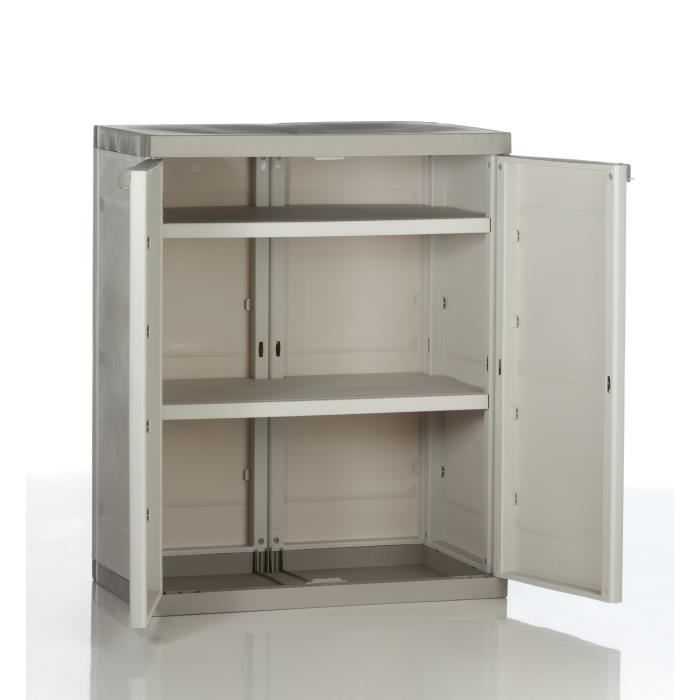TITANIUM PLASTIKEN Low Cabinet with 2 Doors and Shelves - W70 x D44 x H88 cm - Beige and Taupe