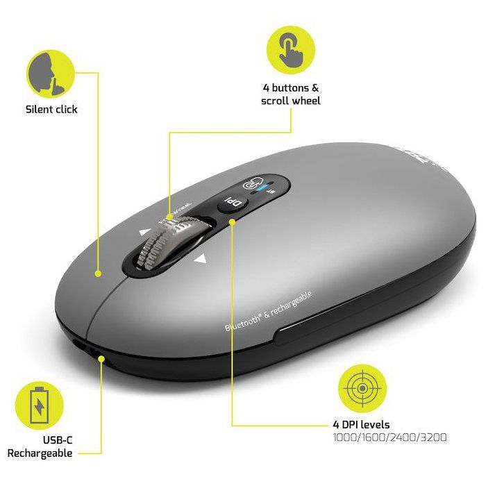 PORT Designs Wireless Mouse - Bluetooth - Rechargeable - Gray