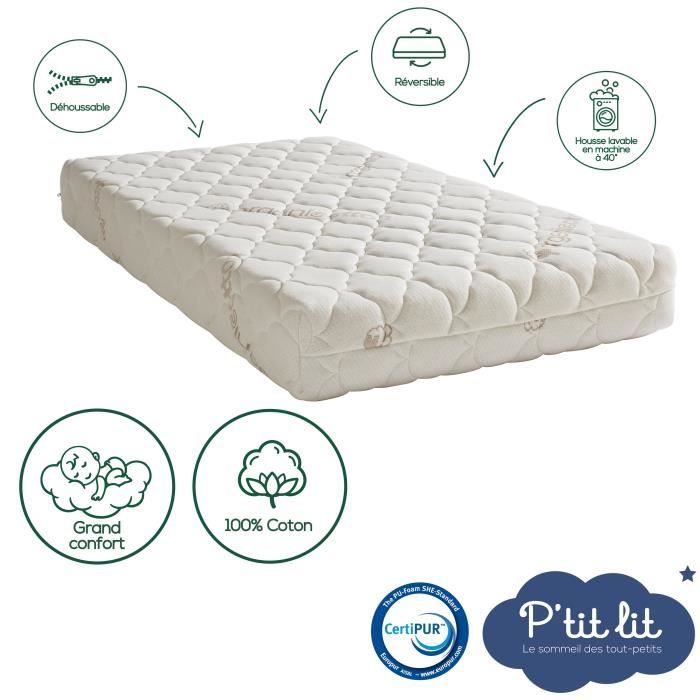 Organic Cotton Baby Mattress - 60 x 120 x 10 cm - 100% Cotton - Removable Cover 60x120x10