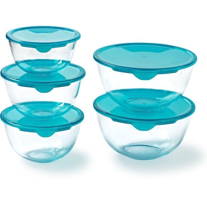 PYREX Set of 5 Bowls with Lids - 1 x 0.5 L + 2 x 1 L + 2 x 2 L