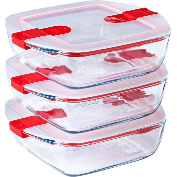PYREX Set of 3 Lunch Boxes - Cook & Heat - Glass - Square - 1 L