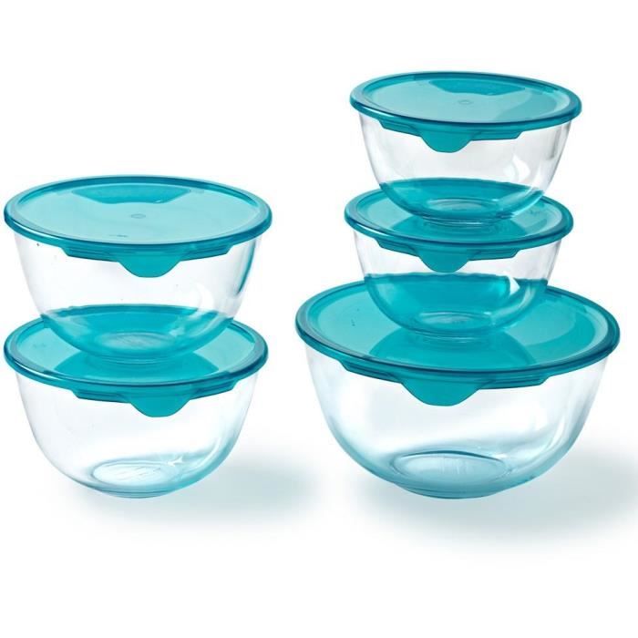 PYREX Set of 5 Bowls with Lids - 2 x 0.5 L + 1 x 1 L + 2 x 2 L