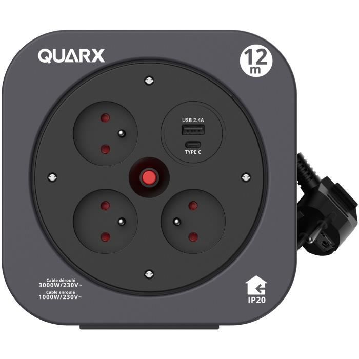 QUARX S-Box Cable Reel - 12 m - 3 x 16A Sockets - USB Type A and C