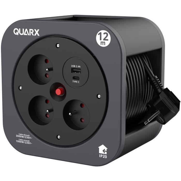QUARX S-Box Cable Reel - 12 m - 3 x 16A Sockets - USB Type A and C
