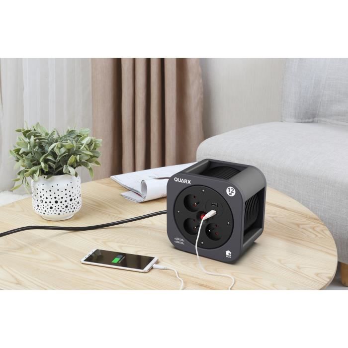 QUARX S-Box Cable Reel - 12 m - 3 x 16A Sockets - USB Type A and C
