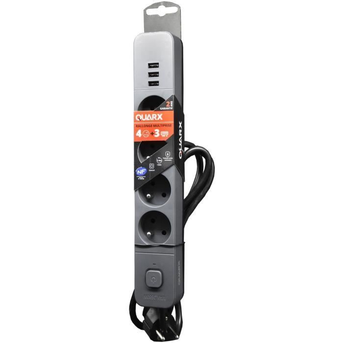 QUARX Power Strip - 4 Outlets - 3 USB Ports - 1.5 m Cable