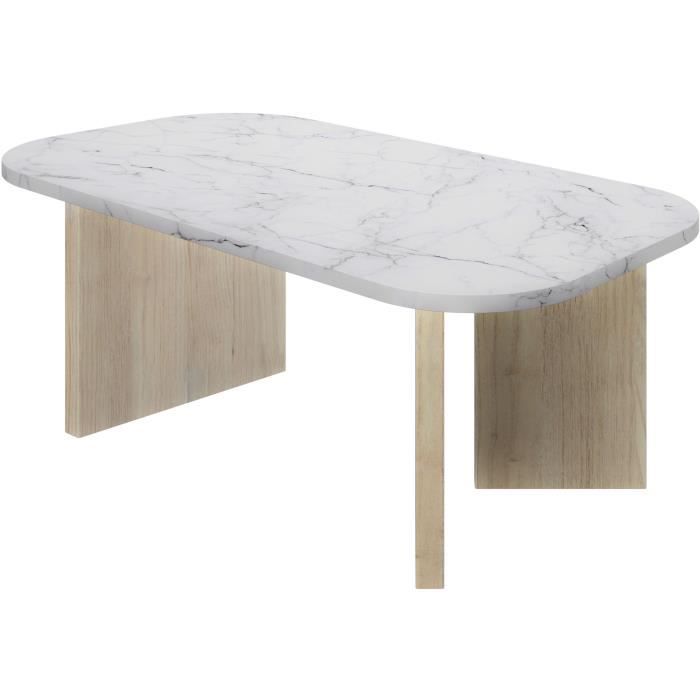 Oval Coffee Table - QUARTZ - White Marble Effect - Thick Oak Legs - 105 x 58 x 39 cm