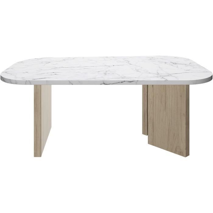 Oval Coffee Table - QUARTZ - White Marble Effect - Thick Oak Legs - 105 x 58 x 39 cm