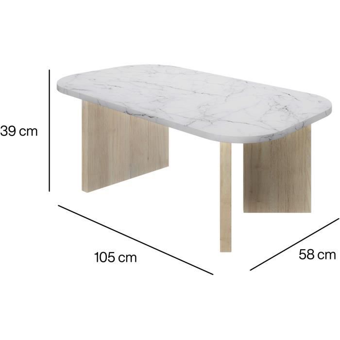 Oval Coffee Table - QUARTZ - White Marble Effect - Thick Oak Legs - 105 x 58 x 39 cm