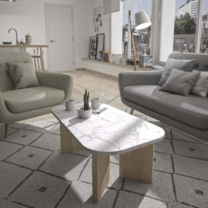 Oval Coffee Table - QUARTZ - White Marble Effect - Thick Oak Legs - 105 x 58 x 39 cm