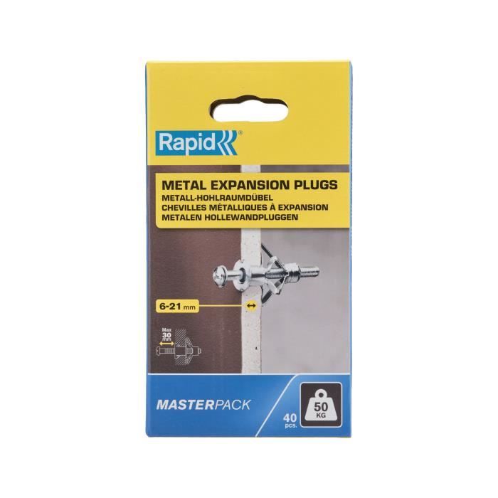 RAPID Expansion Anchors - Metal for Plasterboard 6-21 mm - Pack of 40 - Max Load 50 kg - (5001567)