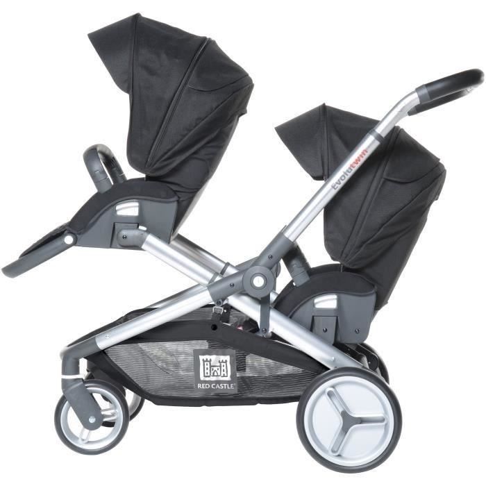 RED CASTLE Evolutwin Double Stroller - From Birth - Up to 15 kg - Adjustable Backrest - Black