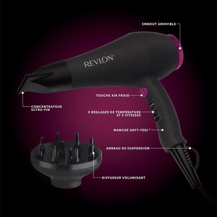 Hair dryer - REVLON - RVDR5251E - Perfect Heat - 2000 W - AC motor - 2 speeds - Black / Pink