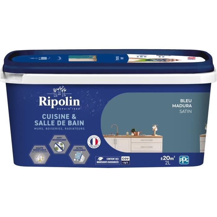 Ripolin Paint for Walls, Woodwork, Ceilings, Radiators - Kitchen and Bathroom - Madura Blue - 2 L