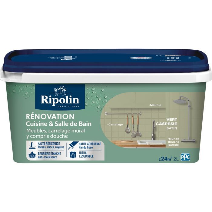 Ripolin Kitchen and Bathroom Renovation Paint - Gaspé Green - Satin - 2 L